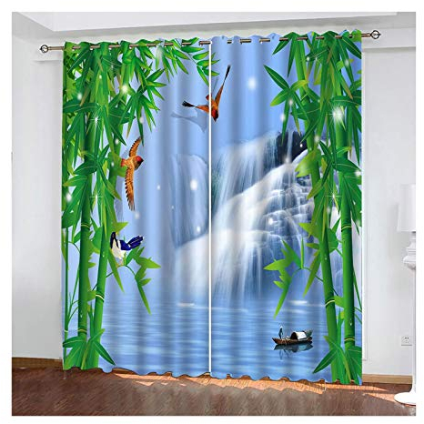Daesar Vorhänge mit Muster für Fenster Wohnzimmer 214x138CM, Schlafzimmer Vorhang Polyester Ösenvorhang Blickdicht 2er SetWasserfall Bambus Vorhänge Schlafzimmer Verdunkelung Blau Grün