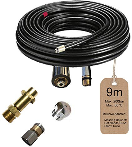 9 Meter Rohrreinigungsschlauch, bis zu 200bar, 60° inklusive Bajonett Adapter, rotietrende Düse & starre Düse Set (4-Teilig) für Kärcher Kränzle und andere Hochdruckreiniger von M&M Smartek