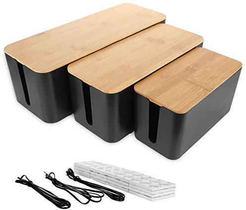 SENENQU 3pcs Black Cable Tidy Box, Large Desk Cable Management Box, Cord Wire Organiser with Wooden Lid for Home Office - Large | Medium | Small
