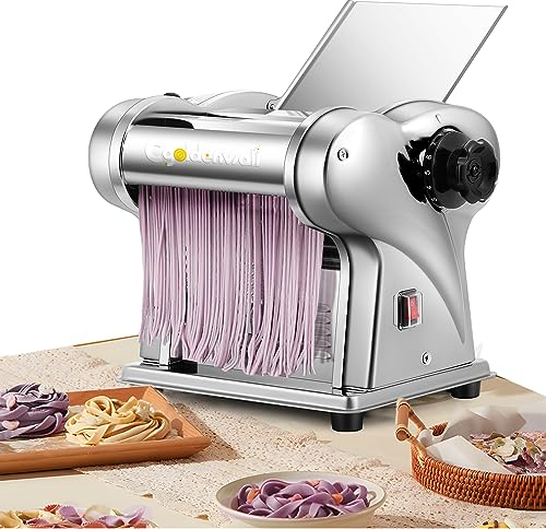 CGOLDENWALL Elettrica Macchina per Pasta Fresca Sfogliatrice in Acciaio Inox Con 2 Lame da 1.5mm Rotonde, 4mm Piatte, 6 Impostazioni di Spessore Regolabili per Tagliatelle/Gnocchi/Spaghetti/Ravioli