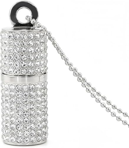 WooTeck Chiavetta USB 3.0 da 128 GB, con strass e strass, custodia per rossetto, gioiello brillante con collana, argento