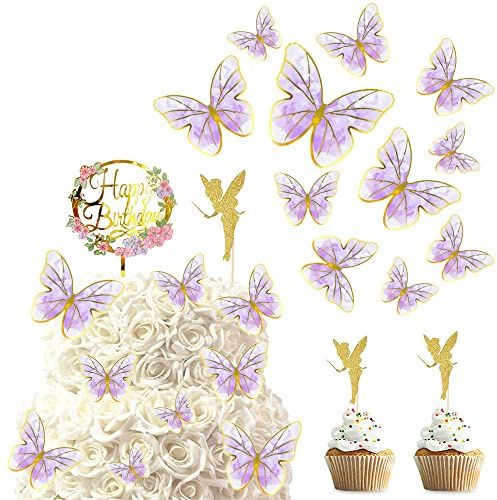Gotetiso 15-teiliges Set Kuchendekoration Geburtstag Schmetterling Kuchendekoration Cupcake Schmetterling mit Aufschrift Happy Birthday Cake Topper für Geburtstag Hochzeit Party