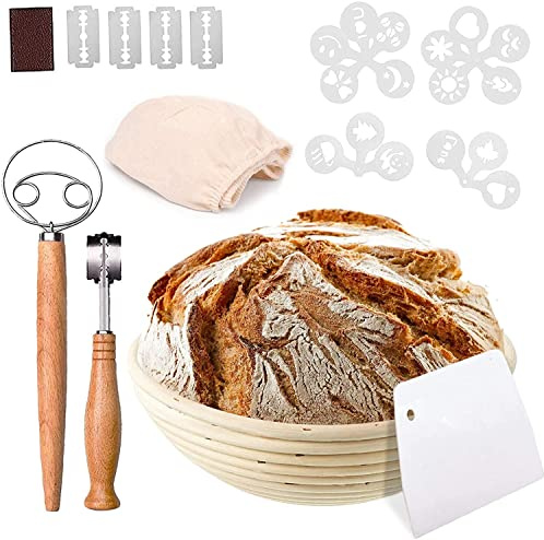 Brotgärkörbe-Set, Banneton-Körbe, rund, Gärkörbe für Sauerteigbrot mit Einsatz, Brotlame, Teig, Schaber, Schneebesen, Schablonen, Backschale, Geschenk für Bäcker