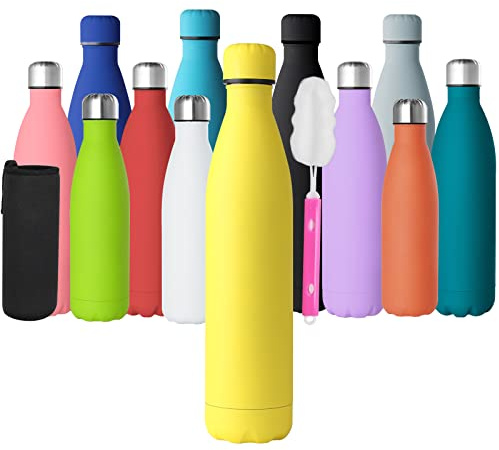 GeeRic Gourde Isotherme 1L, Gourde Inox Isotherme à Double Paroi Isolée sous Vide 12 Heures Chaudes et 24 Heures Boissons Froides Bouteilles Matte Yaune