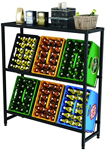 Rainsworth Getränkekistenregal mit Ablage, mit Gitterhalterung aus Metall, 33T x 103B x 113H cm Regale für Getränkekisten für 6 Kisten, Getränkeregal mit Verstellbaren Füßen, Schwarz