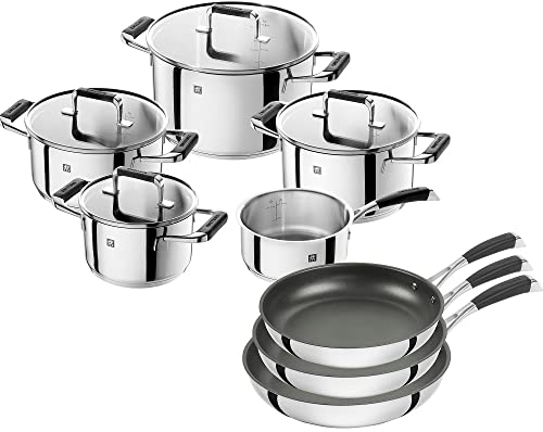CORNELIA POLETTO BY ZWILLING Kochtopf-Set mit 3 Pfannen, 8-teilig, 4 Deckel, Induktionsgeeignet, Edelstahl, mit Glasdeckel