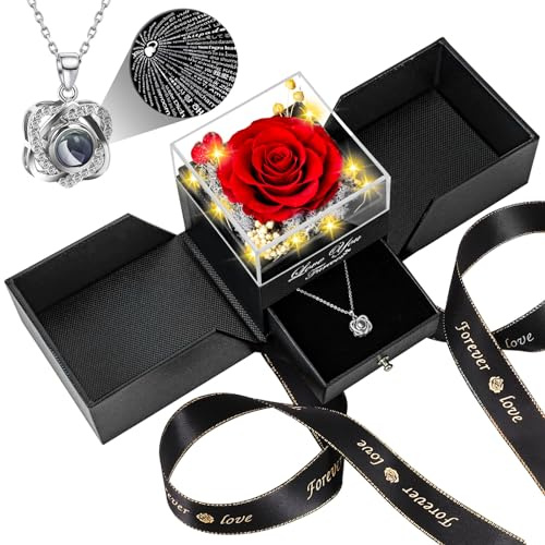 Lebana Preserved Red Real Rose with Heart I Love You Necklace -Mothers Day Gifts for Mom Her Wife Girlfriend Grandma on Valentines Mothers Day Christmas Birthday Anniversary Romantic-Red