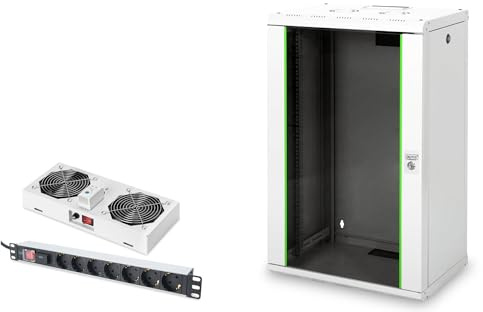 DIGITUS Set: Armario de red de 19 20U + ventilador de techo + regleta de 7 puertos // rack de 19 pulgadas - montaje en pared - 450 mm de profundidad - Carga 100 kg - Profundidad útil 305-370mm - Gris
