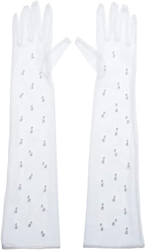 Damen-Hochzeitshandschuhe, lange Tüll-Brauthandschuhe, weiße Finger, Opera Gala, transparente Brauthandschuhe (Color : White, Size : Medium)