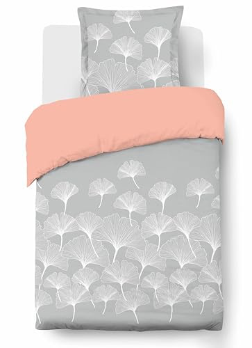 VISION - Bettwäsche Ginko Grau – wendbar – Bettbezug 140 x 200 cm mit 1 Kissenbezug für Einzelbett – 100 % Baumwolle