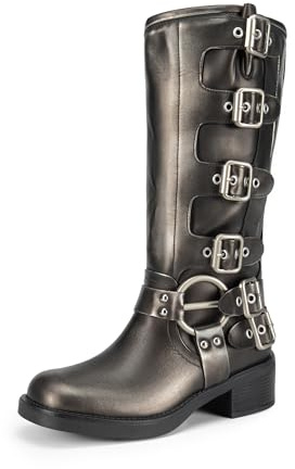 DREAM PAIRS Women's Knee High Riding Boots Side Zipper Motorcycle Boots Square Toe Chunky Heel Fashion Buckles Biker Boots,Size 8,Silver,SDKB2416W