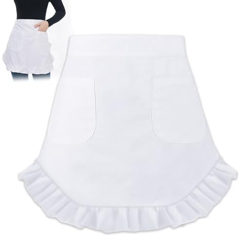 Mumjooyi Weiße Taillenschürze Rüschenschürze Schürze Dame Hausmädchen Schürze mit 2 Taschen Verstellbare Taille Servierschürze Weiß Pinafore Schürzen