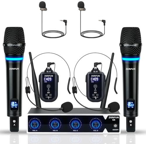 ZERFUN Rechargeable Wireless Microphone System 4 Channel Pro, UHF Metal Handheld Headset Lavalier Lapel Mics Cordless for Church Karaoke Singing with Volume Control, 4x50 Frequency(G8)