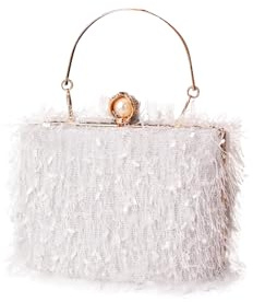 CORIOS Damen Quaste Clutch Tasche Luxus Strass Abendtasche Perlen Portemonnaie Tasche Hochzeit Brautbörse Elegante Handtasche Kette Schultertasche Umhängetasche Weiß