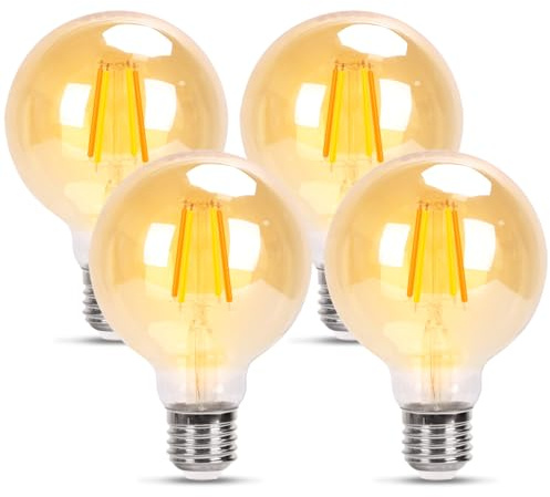 GREAT JACOB Bombilla LED E27 Filamento, 6W Equivalente a 86W, Luz Calida 2200K, 1260 Lúmenes, Bombilla Decorativa Retro Vintage G80, Ahorro de energía, No Regulable, 4 Unidades