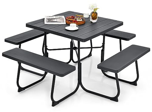 GIANTEX Gartenmöbel Picknicktisch Set 8 Personen, Bierzeltgarnitur Gartentisch mit 4 Bänken, Biertisch mit Schirmloch, Garten Sitzgruppe wetterfest aus HDPE, Biertischgarnitur (Schwarz)