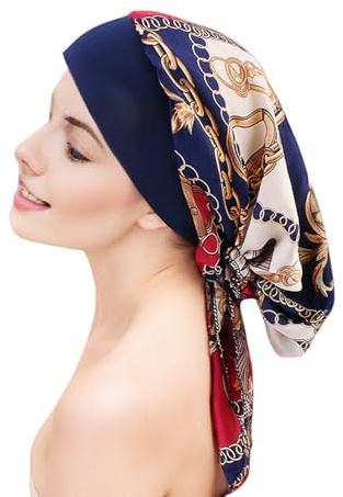 Kopftuch Turban Damen,Sommer Bedruckte Schal Elastische Turbans Kopftücher Headwear Chemo Kopfbedeckung Baumwolle Turban Kappe für Frauen Haarausfall Krebs Chemo (Navy blue chain)