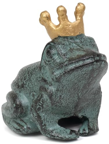 Moritz Froschkönig Gusseisen 12 cm Schlüsselversteck Krone Gartenfigur grün | Märchenfrosch mit Reif, massiver Eisenguss, wetter- und frostfest für Teich und Beet, Hohlraum als cleveres Depot