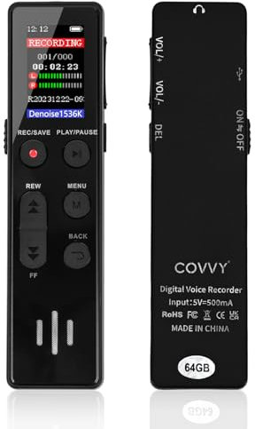 COVVY Registratore Vocale Digitale da 64 GB, Attivato, Portatile con Riproduzione, HD per Interviste/Lezioni/Riunioni