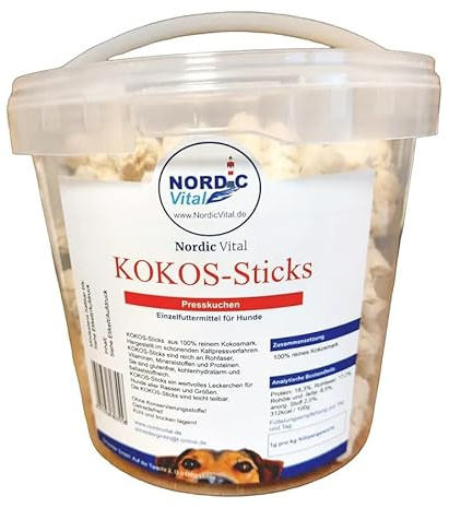 NordicVital KOKOS-Sticks, Leckerlies, Presskuchen, Snacks, Zahnpflege für Hunde aus 100% Kokosmark ohne Zusätze, 1000g Eimer