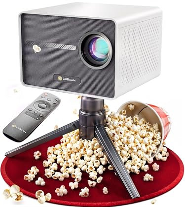 CUBEAM Mini Beamer 4K Heimkino | Mobiler Full HD LED Projektor | 20.000 Lumen | Auto. 4D Korrektur | Kurzdistanz tauglich | WiFi, Bluetooth & Handy | Kleiner Smart Projector 4K | Portable Mini-Beamer