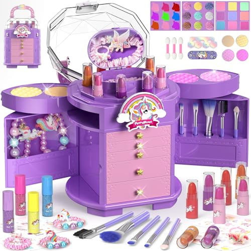 PERRYHOME Kids Makeup Set for Girls 63 Pcs Washable Non-Toxic Real Cosmetic Toddler Makeup Kit, Unicorn Princess Makeup Birthday Gift, 2026 New CPF Sustainable Materials Girl Gifts for 3-12