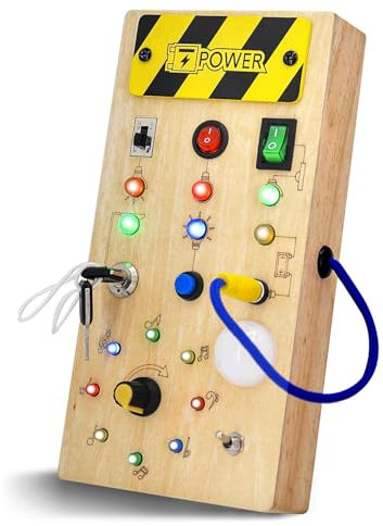 Hukermoon Montessori Busy Board Spielzeug, Activity Board Montessori Holzspielzeug mit 8 Schalter 15 LED Light, Sensorisches Lernspielzeug, Motorikspielzeug für Babys und Kleinkinder ab 1 2 3 4 Jahre