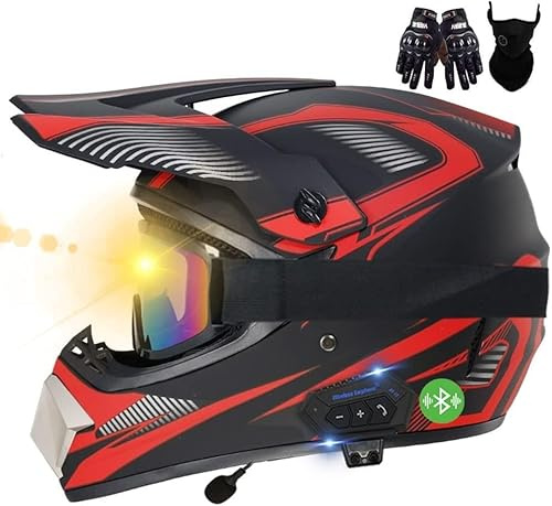 BYOUQ Casque Moto Cross Bluetooth, ECE Homologué, Casque De Motocross avec Gants/Lunettes/Masque, Confortable Et Ventilé, Sûr, Convient pour Motocross, VTT, Cross-Bike, BMX K,M57-58CM