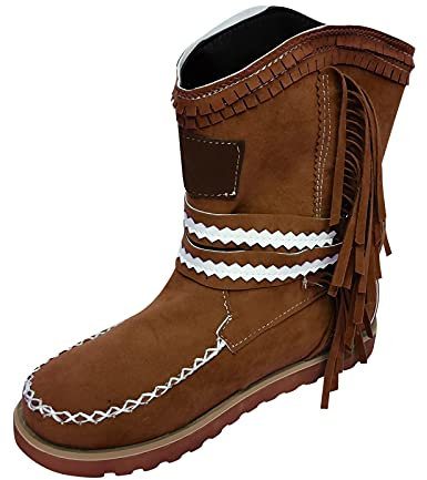 BIISDOST Damen Retro Western Cowboy Stiefel Vintage Wildleder Boots Winter Warm Langschaft Schneestiefel Lässige Slip-on Schuhe Stiefeletten mit Fransen Casual Short Ankle Stiefel Klassische