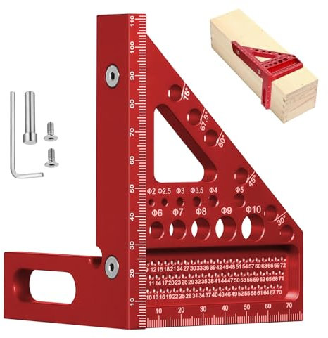Règle de Menuisier Triangulaire, Equerre Charpentier Précise, 3D Multi Angle Équerre Menuisier Multifonctionnelle en Alliage d'Aluminium Léger 22,5°-90°, pour Les Charpentiers et Les Ingénieurs, Rouge
