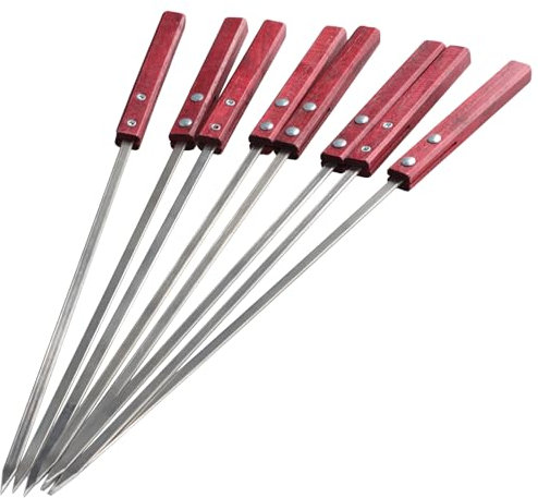 8 Pezzi Spiedini Acciaio Inox per Barbecue Riutilizzabili, Set Spiedini Kebab per Grigliate Estive, Spiedini Piatti per Carne e Verdure, Manici in Legno Rosso Spiedini per Barbecue Antiscivolo