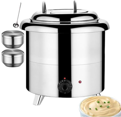 forplubossmmp Scaldazuppa Elettrico da 13 Litri con 2 Mini Ciotole per Riso E 1 Cucchiaio per Zuppa, Scaldavivande da Buffet in Acciaio Inox, Scaldazuppa da Banco per Uffici, Conferenze, Mense,White
