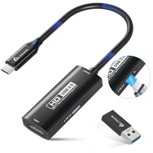 Guermok Carte de Capture vidéo USB 3.0 avec PD 100W, 1080P@60FPS HDMI vers USB-A/C, avec Adaptateur Type-C, pour Le Streaming sur Quest 3 / Pad/MacOS/Switch/PS 4/5, Noir
