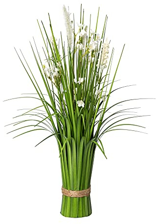 CREATIV green künstlicher Stehgras-Busch mit weißen Blüten 48cm I künstlicher Grasbusch als Frühlingsdeko I Ziergras Osterdeko I hochwertige & dekorative Kunstgräser