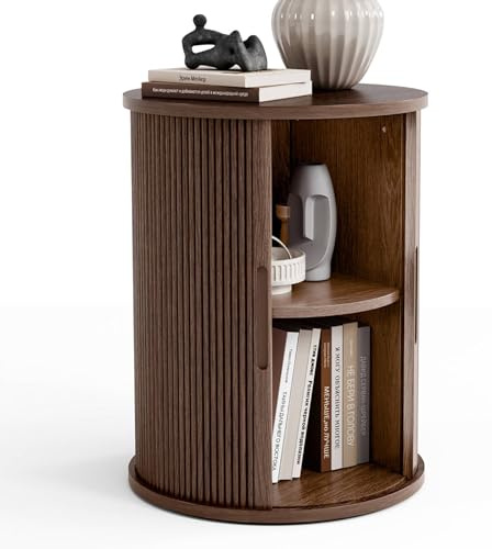 LINSY HOME Round Fluted End Table, Tall Side Table with Sliding Tambour Door and Storage Shelf, Modern Bedside Table, Mid-Century Nightstand for Living Room, Bedroom, Walnut