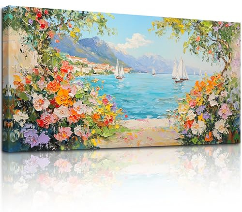 MHARTK66 Blumen in der Bucht Leinwand Bilder, 50x100 cm Groß Wandbilder Wohnzimmer Landschaft Bild Aesthetic, Modern Wanddeko Kunstdruck Schlafzimmer Esszimmer Flur Büro Küche Badezimmer