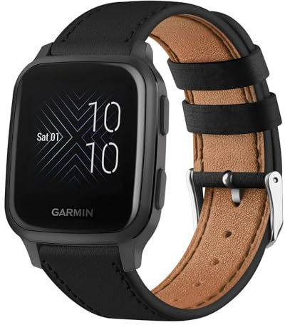 Amzpas Armband 20mm für Garmin Venu Sq/Sq 2 Music Armband Damen Herren,Leder Sport Ersatzarmband für Garmin Venu/2 Plus(Schwarz)
