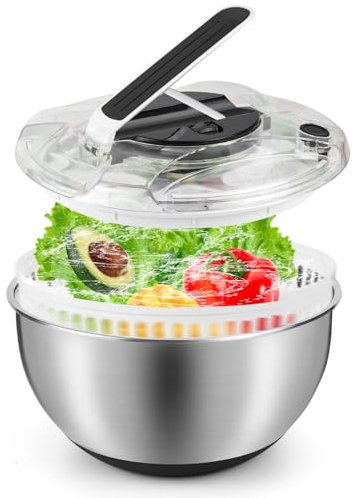 Pfloge Centrifuga Insalata in Acciaio Inox, 4,5L Asciuga Insalata Centrifuga con Coperchio E Base Antiscivolo, Lava Insalata Centrifuga Ideale per Lavare E Asciugare Verdure E Pasta