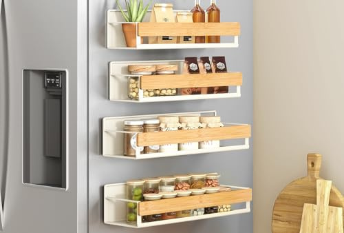 SONGMICS Especiero Magnético, Juego de 4, 2 Estantes Grandes y 2 Pequeños, Organizador de Especias sin Taladrar, para Cocina, Frigorífico, Microondas, Lavadora, Blanco Crema KCS062WD01