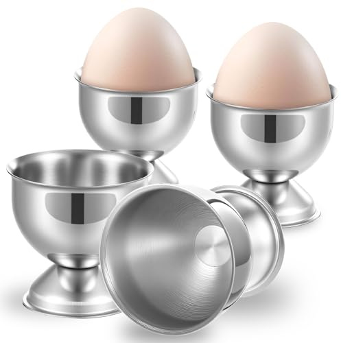guduling 4 stycken äggkoppar rostfritt stål, silver äggkopp metall, rostfritt stål äggkopp, stapelbar ägghållare bricka för hårdkokta ägg, mjukkokta ägg, camping och frukost