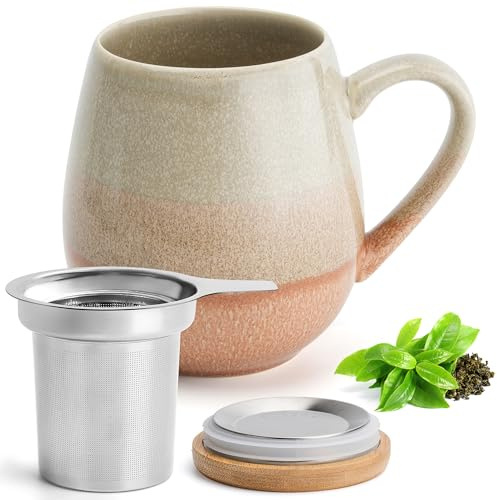 Happy Lemuro Tazza da Tè XXL Con Coperchio e Colino - 550 ml - Tazza Grande Con Filtro - Accessori per Tè (Beige)