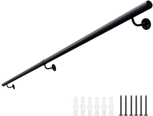 Pasamanos de escalera de tubo industrial, pasamanos metálico de pared de 1, 2, 3, 4, 5 y 6 metros, kit de soporte de barandilla de escalera negro, barra de soporte de hierro forjado antideslizante.(10