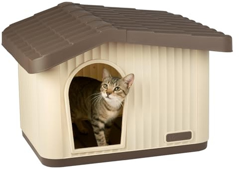 VOUNOT® Cuccia per Gatti e Cani Impermeabile con Tetto Inclinato, Casetta per Gatti da Esterno Aerazione e Piedini Antiscivolo, Cucce Confortevole per Gatto Cane o Coniglio, 60x51x41 cm, Beige
