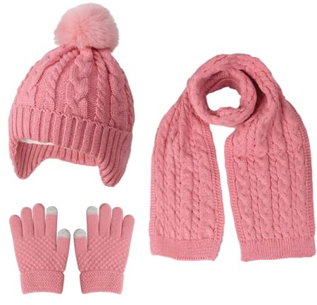 MAZELIKEHOOD 3Pcs Girls Winter Scarf Gloves Hat Set Knit Thick Warm Soft Accessories Sets for Kids Boys for Children 3-10 Years