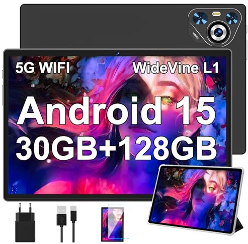 2025 Tablette Android 15 10 Pouces Écran IPS HD [30Go RAM] 128Go + TF 1To - Octo-Core, 8000mAh, Corps intégré en métal, 5MP+8MP, WiFi6, Face ID, Widevine L1 - Tablet Avec Clavier et Souris - Noir