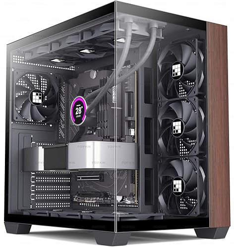FOIFKIN M9 Case PC - Pannello frontale in noce, 7 preinstallati senza ventola RGB, alloggiamento ATX Mid-Tower Gaming PC, vetro panoramico a 270° con type C (Nero, M9)