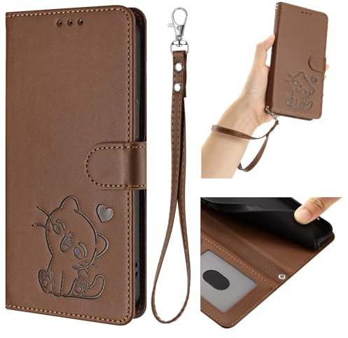 HAOFUGUI Funda Cartera para Moto G22 4G / E32S / E22S 4G, de Cuero PU con Gato Grabado Carcasa, Tapa con Tarjetero Función Soporte y Correa de Muñeca Desmontable-Marrón