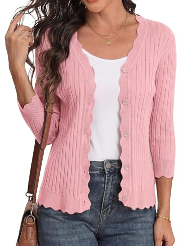 GRECERELLE Cardigans for Women UK 3/4 Sleeve Scalloped Edge Ribbed Knit Ladies Cardigan Lightweight Slim Fit Button Down Women's Cardigans (Pink White, M)