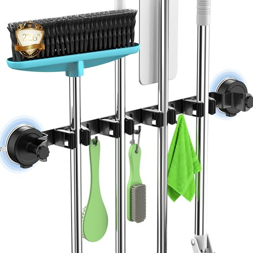 BANGMANG 2026 Upgrade Broom Holder Wall Mount with Suction Cup, Broom and Mop Organizer Wall Hanging with 4 Racks & 3 Hooks, Removable and Reusable, Mop and Broom Hanger for Home Kitchen Laundry