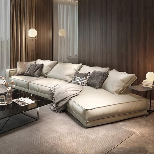 Lyxig, enkel hörnsoffa i italiensk stil med specialformad läderkant, rymlig och mjuk soffa med massiv träram, modern, stor storlek, lämplig för vardagsrum/kontor/lägenhet.